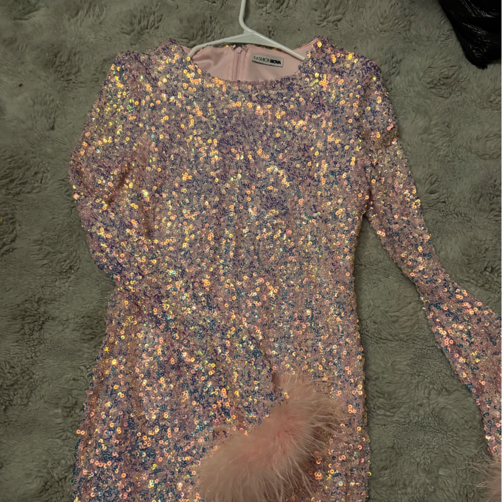 Fashion Nova Pink Sequin Long Sleeve Dress